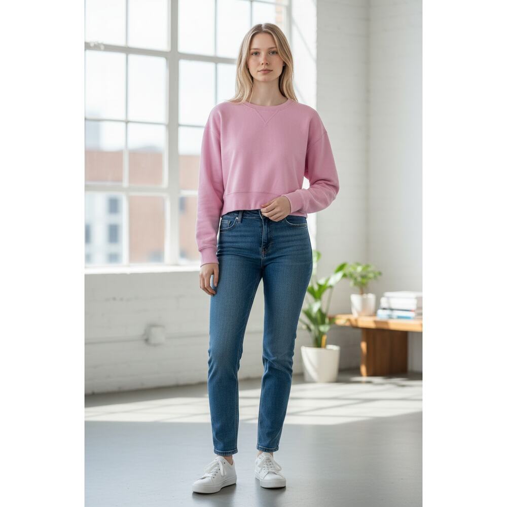 Abercrombie & Fitch Pink Fleece Logo Patch Cropped Crewneck Sweatshirt Size S